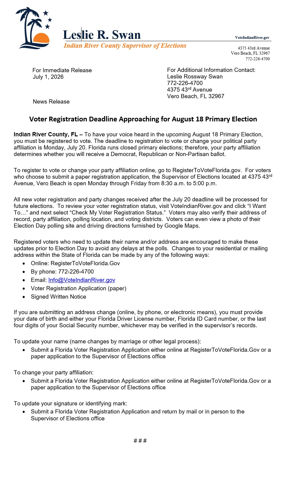 Press Release for Primary Election Book Closing on July 20